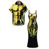 Vacation Couple Outfit Ombre Muscle Flame Print Spaghetti Strap Maxi Bodycon Dress and Shirt Set - Noir S | US 4