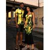 Vacation Couple Outfit Ombre Muscle Flame Print Spaghetti Strap Maxi Bodycon Dress and Shirt Set - Noir S | US 4