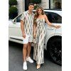 Vacation Vintage Couple Outfit Geometric Striped Print Bowknot Pocket Off the Shoulder Jumpsuit and Shirt Set - Beige S | US 4