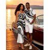 Casual Couple Outfit Contrast Color Abstract Fluid Swirl Print Spaghetti Strap Maxi Bodycon Dress and Shirt Set - Blanc S | US 4