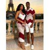 Vintage Couple Outfit Colorblock Jagged Zig Zag Print Spaghetti Strap Maxi Bodycon Dress and Shirt Set - Rouge Vineux S | US 4