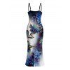 Vacation Couple Outfit Ink Wash Ombre Butterfly Floral Print Spaghetti Strap Maxi Bodycon Dress and Shirt Set - Bleu profond S | US 4