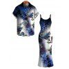Vacation Couple Outfit Ink Wash Ombre Butterfly Floral Print Spaghetti Strap Maxi Bodycon Dress and Shirt Set - Bleu profond S | US 4
