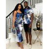 Vacation Couple Outfit Ink Wash Ombre Butterfly Floral Print Spaghetti Strap Maxi Bodycon Dress and Shirt Set - Bleu profond S | US 4