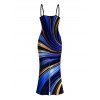 Vacation Couple Outfit Metallic Gold Fluid Swirl Print Spaghetti Strap Maxi Bodycon Dress and Shirt Set - Bleu profond S | US 4