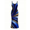 Vacation Couple Outfit Metallic Gold Fluid Swirl Print Spaghetti Strap Maxi Bodycon Dress and Shirt Set - Bleu profond S | US 4