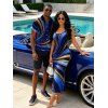 Vacation Couple Outfit Metallic Gold Fluid Swirl Print Spaghetti Strap Maxi Bodycon Dress and Shirt Set - Bleu profond S | US 4