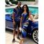 Vacation Couple Outfit Metallic Gold Fluid Swirl Print Spaghetti Strap Maxi Bodycon Dress and Shirt Set - Bleu profond S | US 4