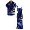 Vacation Couple Outfit Metallic Gold Fluid Swirl Print Spaghetti Strap Maxi Bodycon Dress and Shirt Set - Bleu profond S | US 4