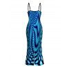 Vacation Couple Outfit Gradient Swirl Psychedelic Ripple Print Spaghetti Strap Maxi Bodycon Dress and Shirt Set - Bleu S | US 4