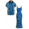 Vacation Couple Outfit Gradient Swirl Psychedelic Ripple Print Spaghetti Strap Maxi Bodycon Dress and Shirt Set - Bleu S | US 4