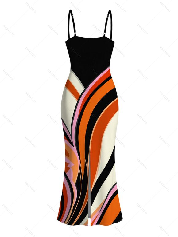 Vintage Couple Outfit Colorblock Abstract Fluid Swirl Print Spaghetti Strap Maxi Bodycon Dress and Shirt Set - Noir S | US 4