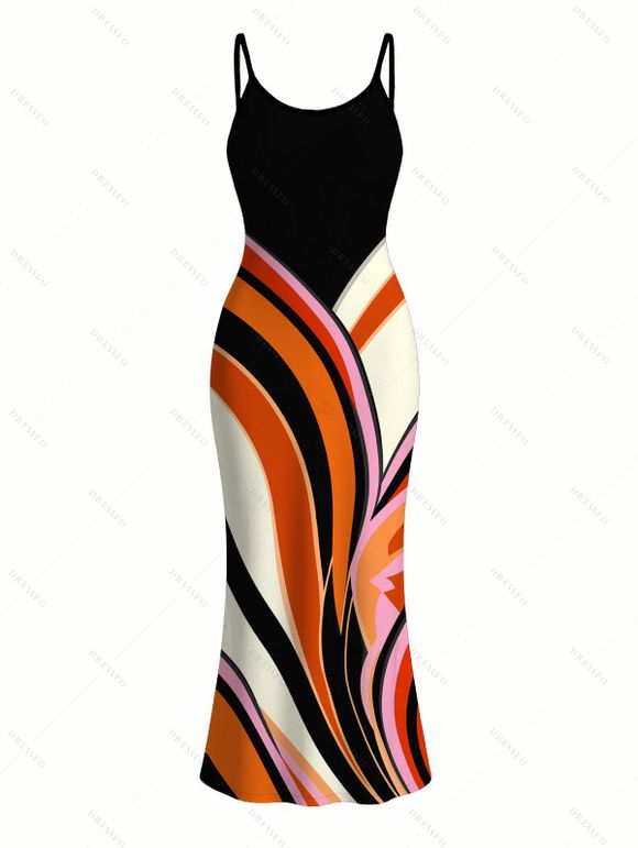 Vintage Couple Outfit Colorblock Abstract Fluid Swirl Print Spaghetti Strap Maxi Bodycon Dress and Shirt Set - Noir S | US 4