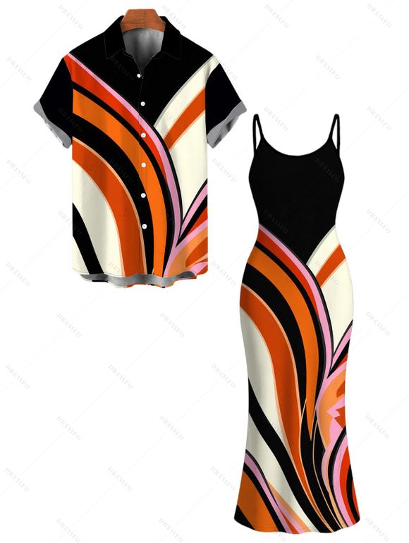Vintage Couple Outfit Colorblock Abstract Fluid Swirl Print Spaghetti Strap Maxi Bodycon Dress and Shirt Set - Noir S | US 4
