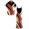 Vintage Couple Outfit Colorblock Abstract Fluid Swirl Print Spaghetti Strap Maxi Bodycon Dress and Shirt Set - Noir S | US 4