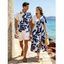 Vacation Couple Outfit for Beach Leaf Plant Print Midi Slit Dress and Shirt Set - Bleu profond S | US 4