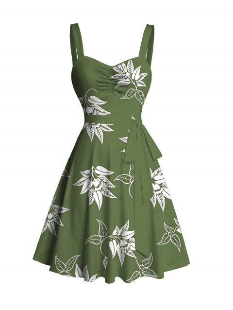 Hawaiian Vacation Dress White Line Art Leaf Print Ruched Bust Mini Belt Dress