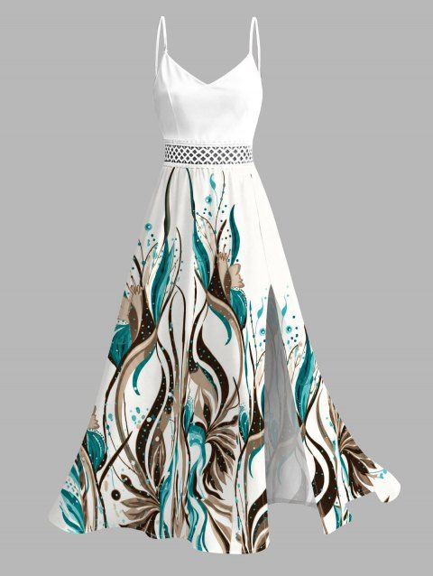 Hawaiian Vacation Dress Ink Wash Green Foliage Print Lace Hollow Out Spaghetti Strap Slit Dress