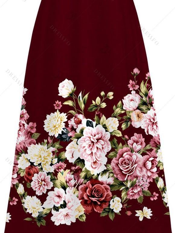 Vacation Dress Colored Rose Floral Print Pocket Spaghetti Strap Midi Dress - Rouge foncé XXXXXL | US 20
