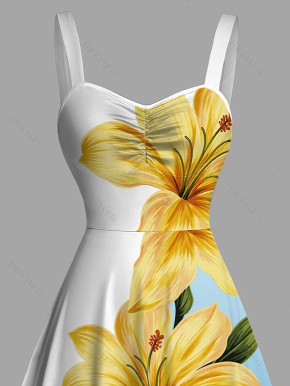 Vacation Dress Ombre Lily Floral Leaf Print Ruched Bust Mini Dress - Bleu clair XXXXXL | US 20