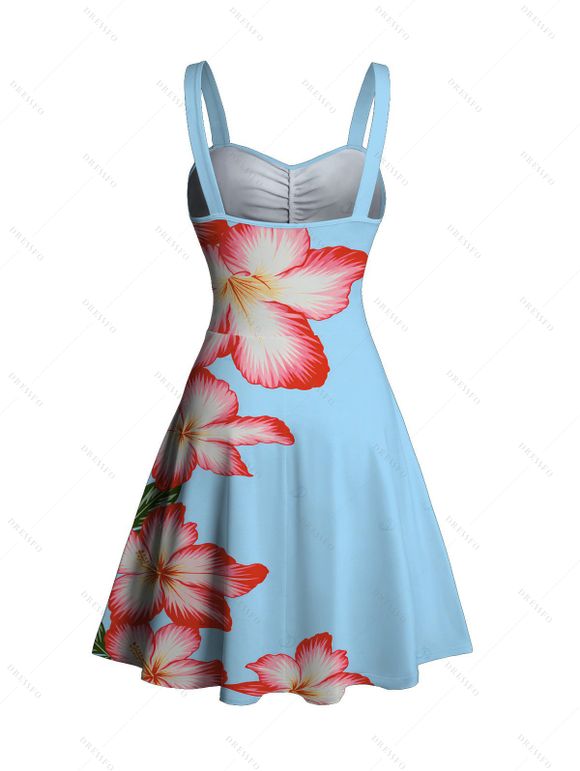 Beach Vacation Dress Hibiscus Floral Print Ruched Bust Belt Dress - Bleu Ciel XXXXXL | US 20