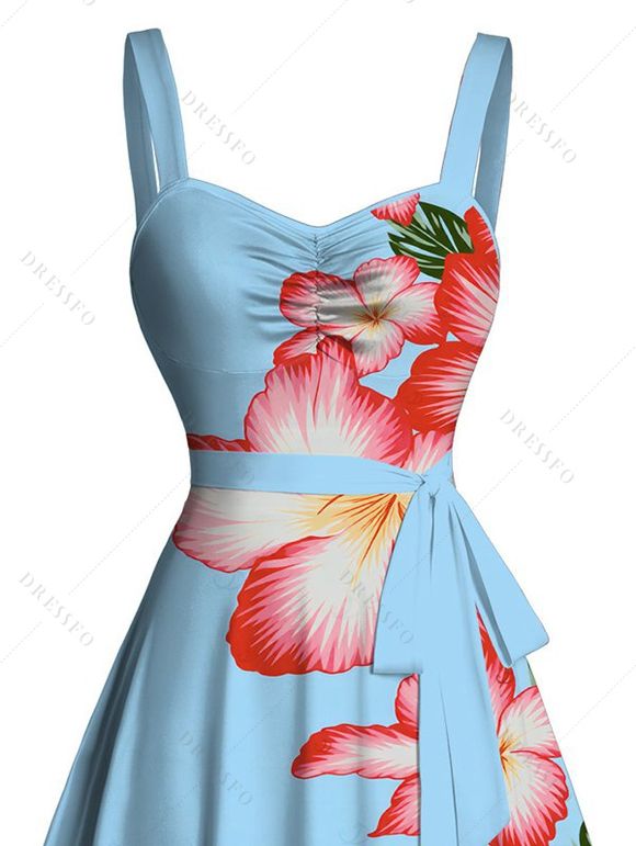 Beach Vacation Dress Hibiscus Floral Print Ruched Bust Belt Dress - Bleu Ciel XXXXXL | US 20