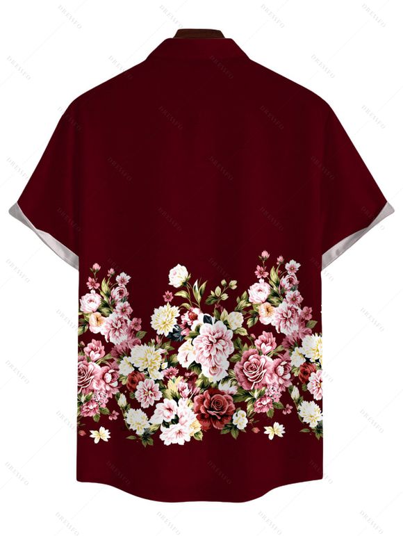 Men's Vacation Shirt Colored Rose Floral Print Button Up Shirt - Rouge foncé 5XL