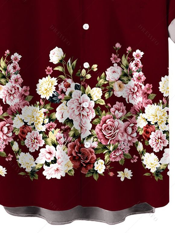 Men's Vacation Shirt Colored Rose Floral Print Button Up Shirt - Rouge foncé 5XL