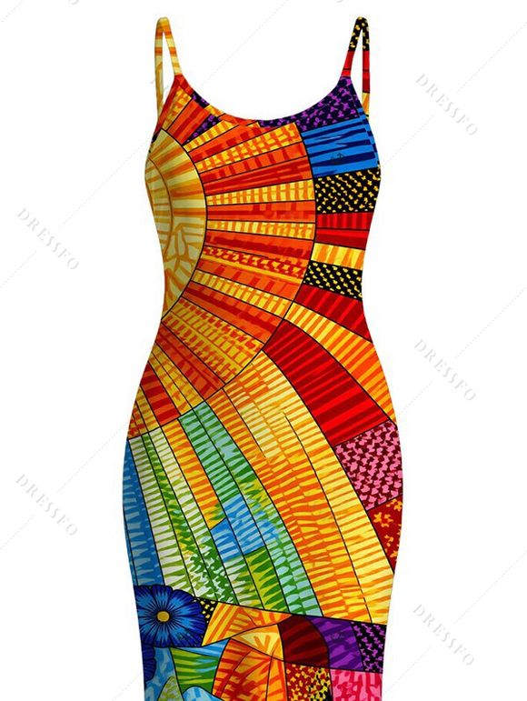 Bohemian Vacation Dress Multicolor Geometric Sunflower Print Spaghetti Strap Maxi Bodycon Dress - multicolor XXL | US 14