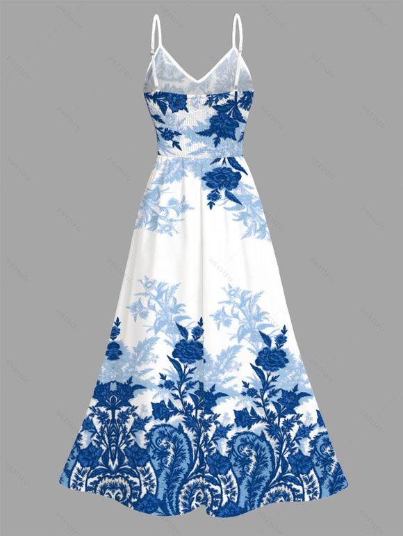 Vacation Dress Chinese Porcelain Style Floral Print Lace Hollow Out Spaghetti Strap Slit Dress - Bleu XXXXXL | US 20