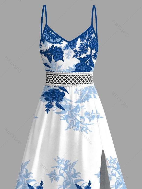 Vacation Dress Chinese Porcelain Style Floral Print Lace Hollow Out Spaghetti Strap Slit Dress - Bleu XXXXXL | US 20