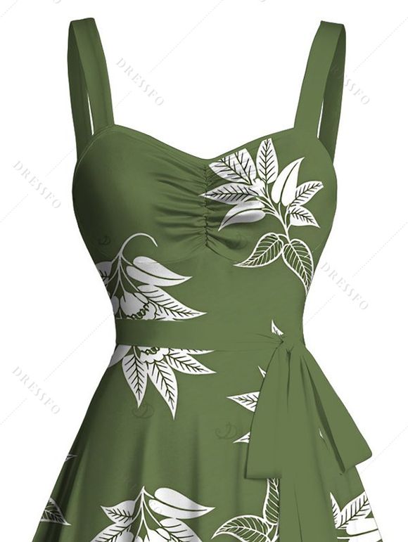 Hawaiian Vacation Dress White Line Art Leaf Print Ruched Bust Mini Belt Dress - Vert Armée XXXXXL | US 20