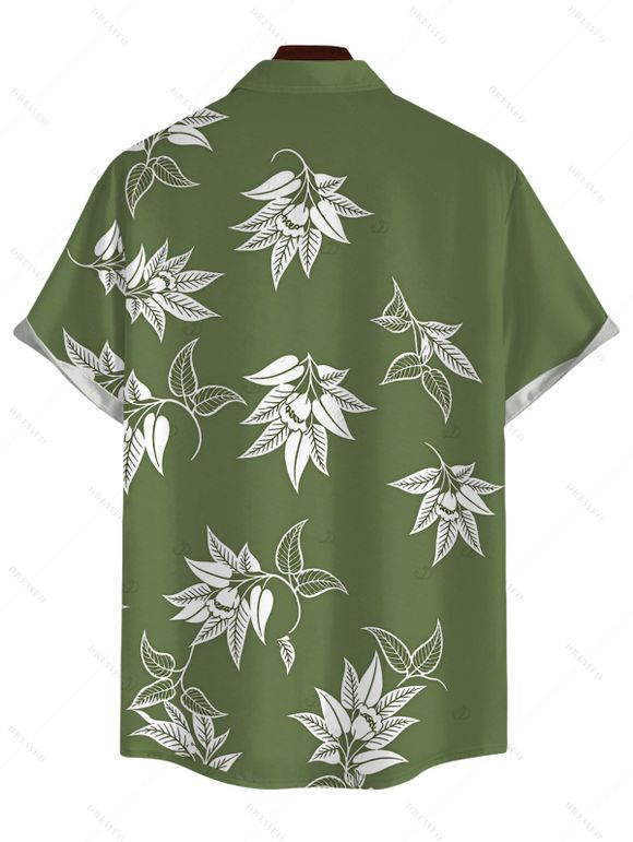 Men's Hawaiian Vacation Shirt White Line Art Leaf Print Button Up Shirt - Vert Armée 5XL