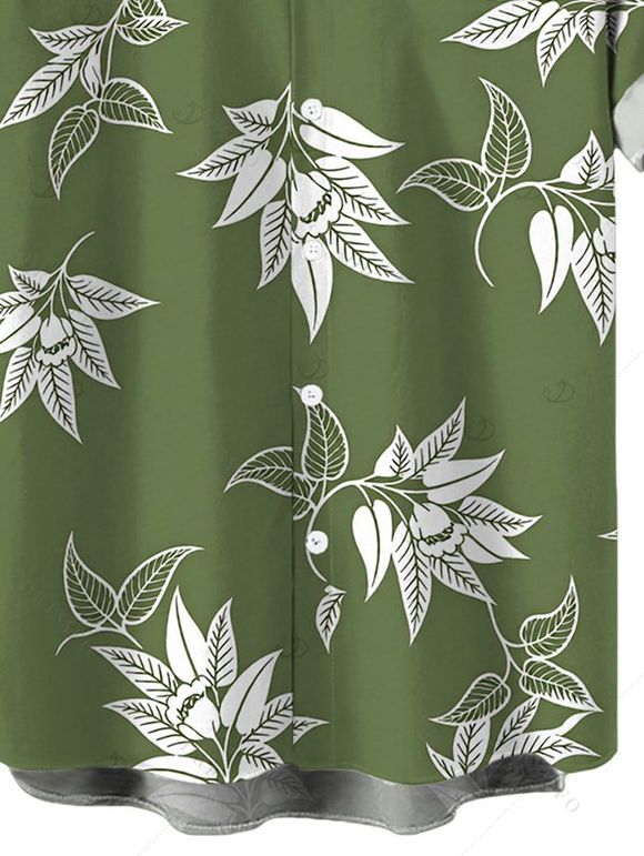 Men's Hawaiian Vacation Shirt White Line Art Leaf Print Button Up Shirt - Vert Armée 5XL