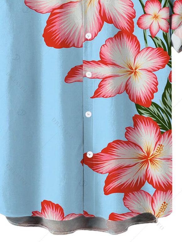 Men's Beach Vacation Shirt Hibiscus Floral Print Button Up Shirt - Bleu Ciel 5XL