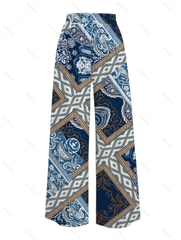 Bohemian Pants Paisley Geometric Print Tied Pocket Straight Pants - Bleu Marine S | US 4