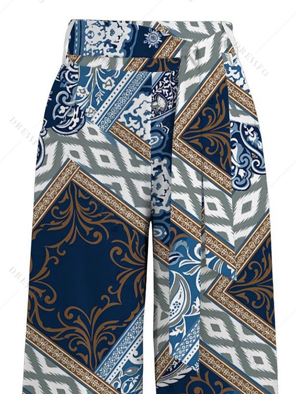Bohemian Pants Paisley Geometric Print Tied Pocket Straight Pants - Bleu Marine S | US 4