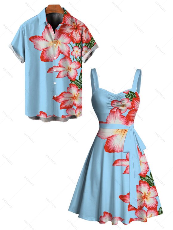 Beach Vacation Couple Outfit Hibiscus Floral Print Ruched Bust Belt Dress and Shirt Set - Bleu Ciel S | US 4