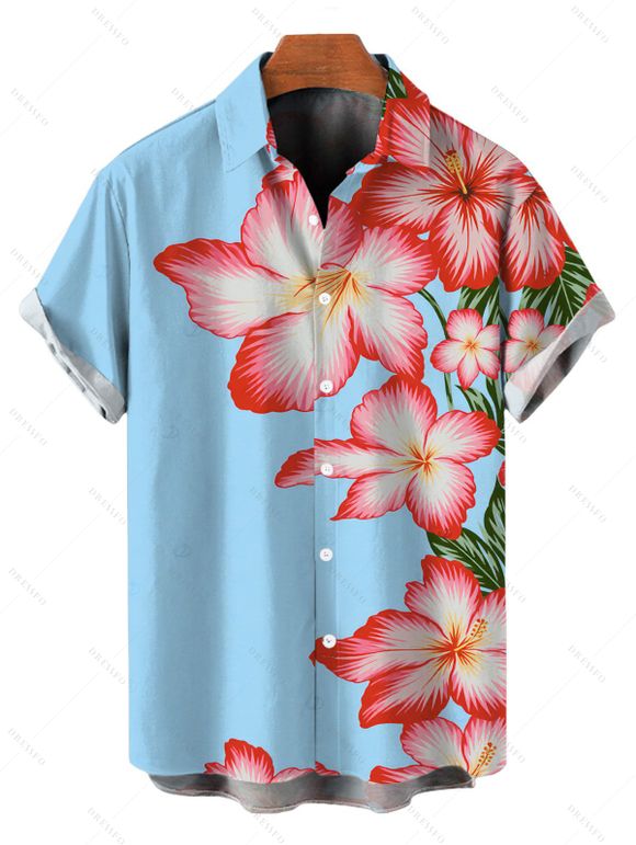Beach Vacation Couple Outfit Hibiscus Floral Print Ruched Bust Belt Dress and Shirt Set - Bleu Ciel S | US 4