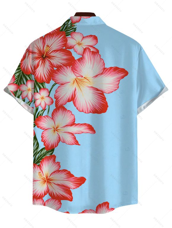 Beach Vacation Couple Outfit Hibiscus Floral Print Ruched Bust Belt Dress and Shirt Set - Bleu Ciel S | US 4