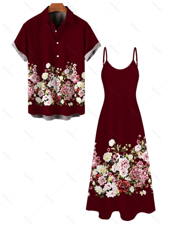 Vacation Couple Outfit Colored Rose Floral Print Pocket Spaghetti Strap Midi Dress and Shirt Set - Rouge foncé S | US 4