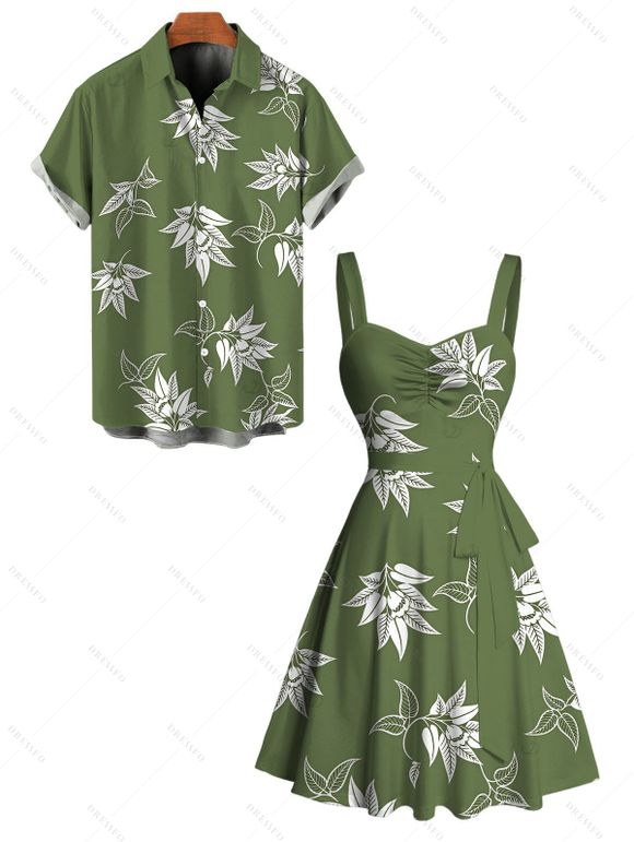 Hawaiian Vacation Couple Outfit White Line Art Leaf Print Ruched Bust Mini Belt Dress and Shirt Set - Vert Armée S | US 4