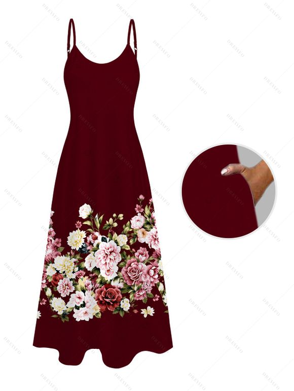 Vacation Couple Outfit Colored Rose Floral Print Pocket Spaghetti Strap Midi Dress and Shirt Set - Rouge foncé S | US 4