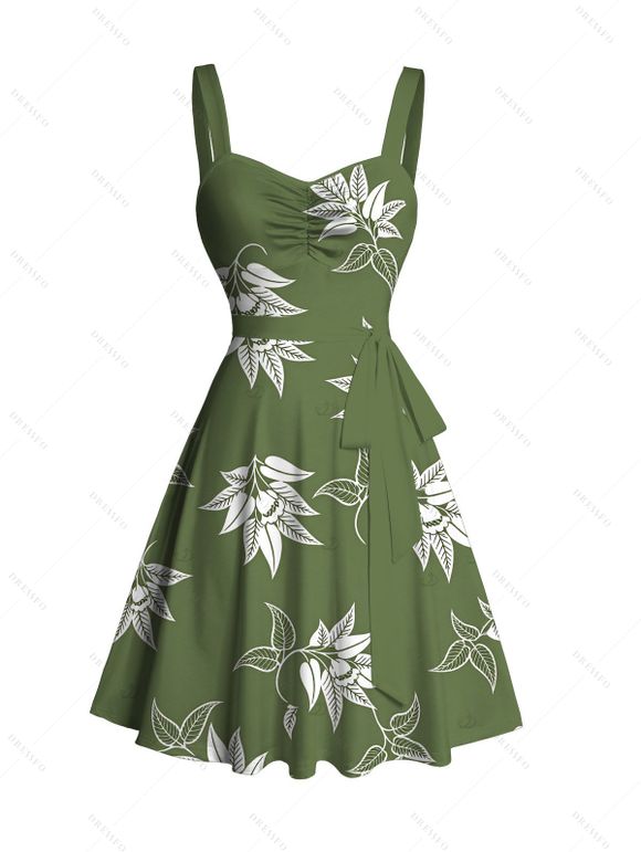Hawaiian Vacation Couple Outfit White Line Art Leaf Print Ruched Bust Mini Belt Dress and Shirt Set - Vert Armée S | US 4