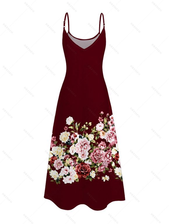 Vacation Couple Outfit Colored Rose Floral Print Pocket Spaghetti Strap Midi Dress and Shirt Set - Rouge foncé S | US 4