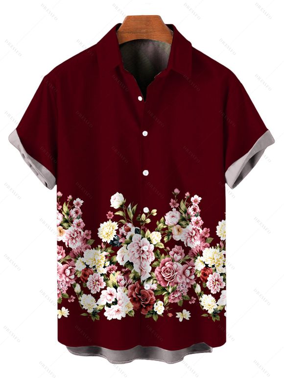 Vacation Couple Outfit Colored Rose Floral Print Pocket Spaghetti Strap Midi Dress and Shirt Set - Rouge foncé S | US 4