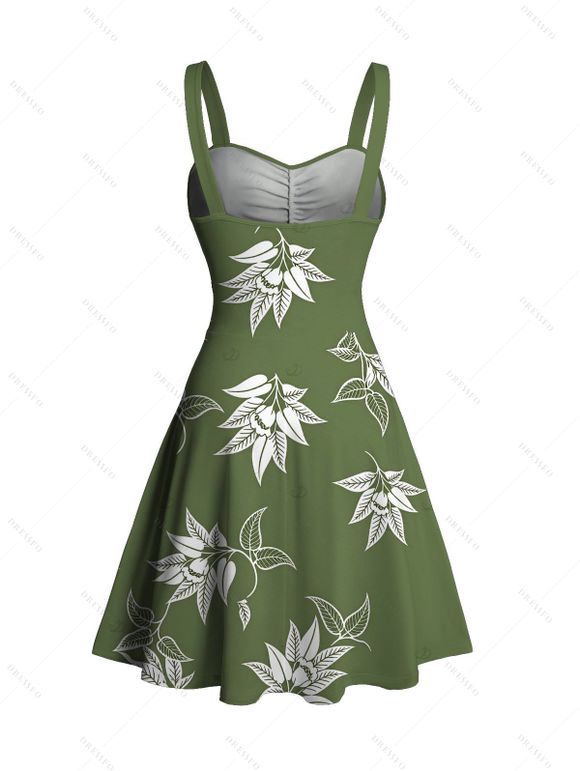 Hawaiian Vacation Couple Outfit White Line Art Leaf Print Ruched Bust Mini Belt Dress and Shirt Set - Vert Armée S | US 4