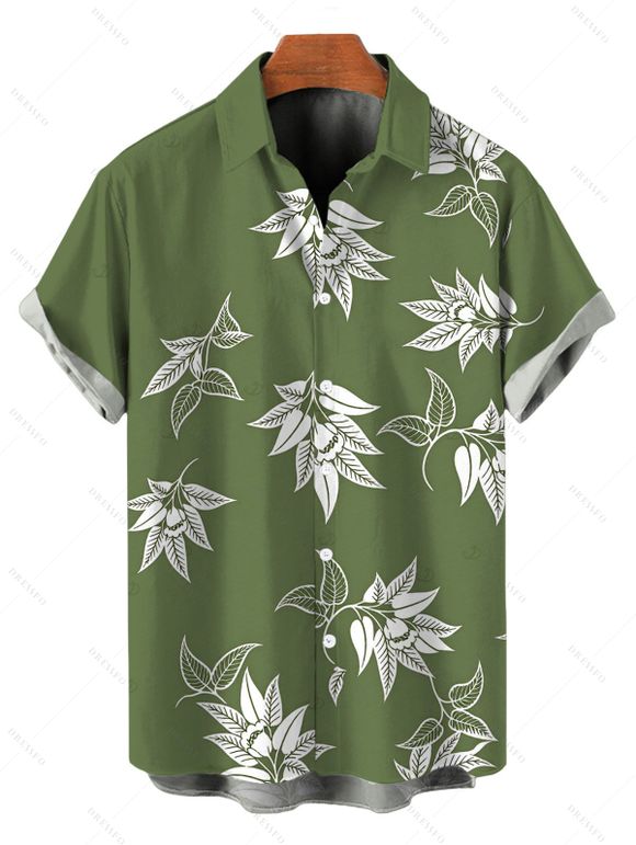 Hawaiian Vacation Couple Outfit White Line Art Leaf Print Ruched Bust Mini Belt Dress and Shirt Set - Vert Armée S | US 4