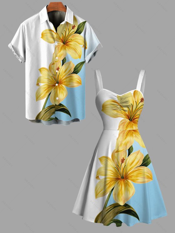 Vacation Couple Outfit Ombre Lily Floral Leaf Print Ruched Bust Mini Dress and Shirt Set - Bleu clair S | US 4