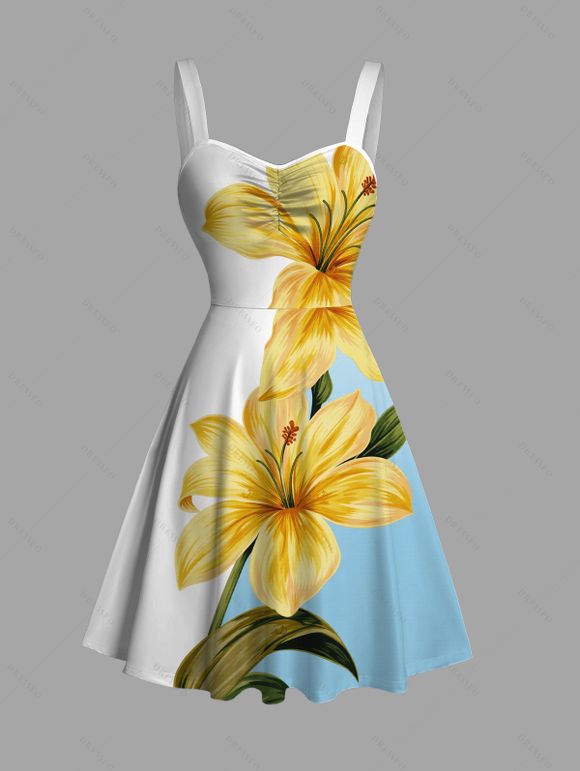 Vacation Couple Outfit Ombre Lily Floral Leaf Print Ruched Bust Mini Dress and Shirt Set - Bleu clair S | US 4